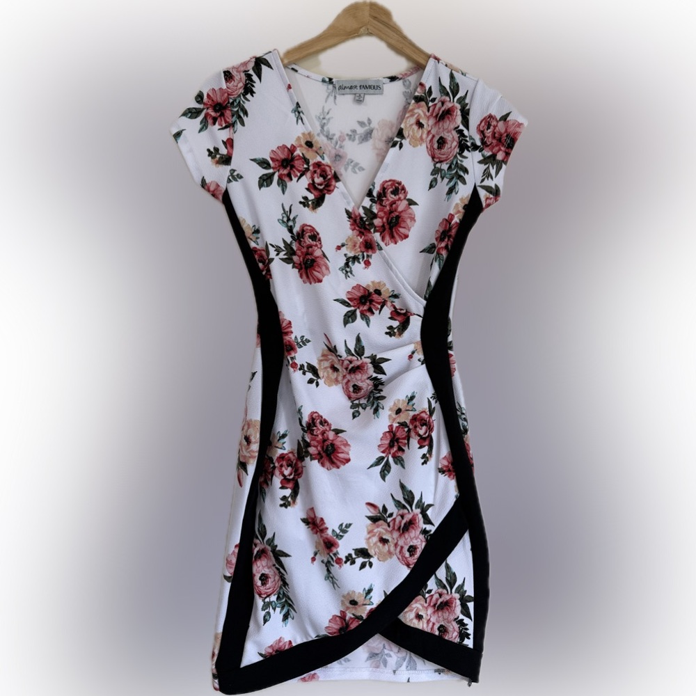 Floral Wrap Mini Dress in White and Pink with Black Panels